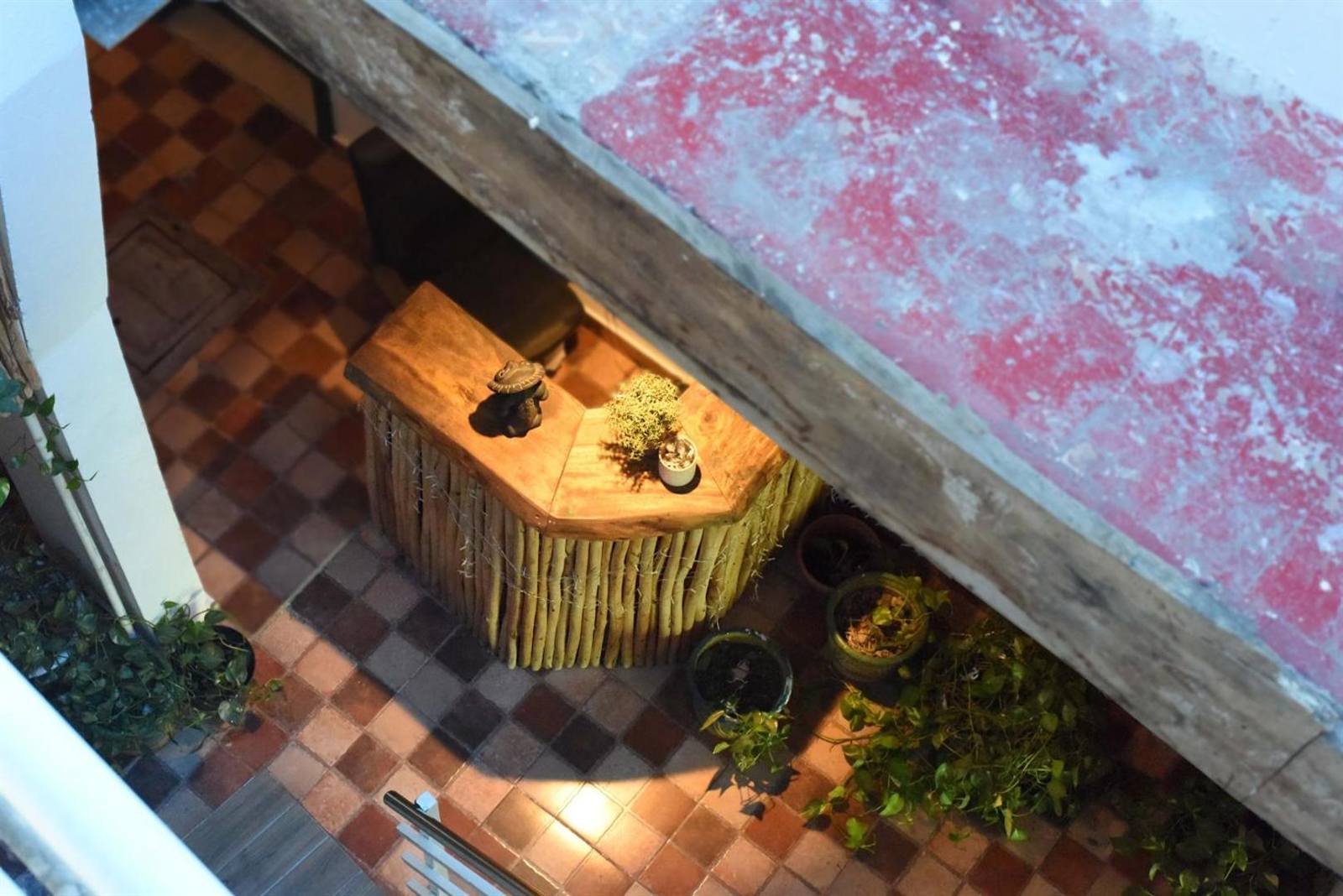 Gato Colonial: front desk and plants in the tiled courtyard seen from above